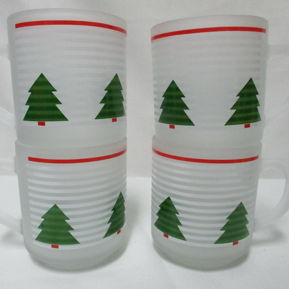 Luminarc Vintage Christmas Frosted Cups Mugs w/ Trees red white green Set 4 NEW